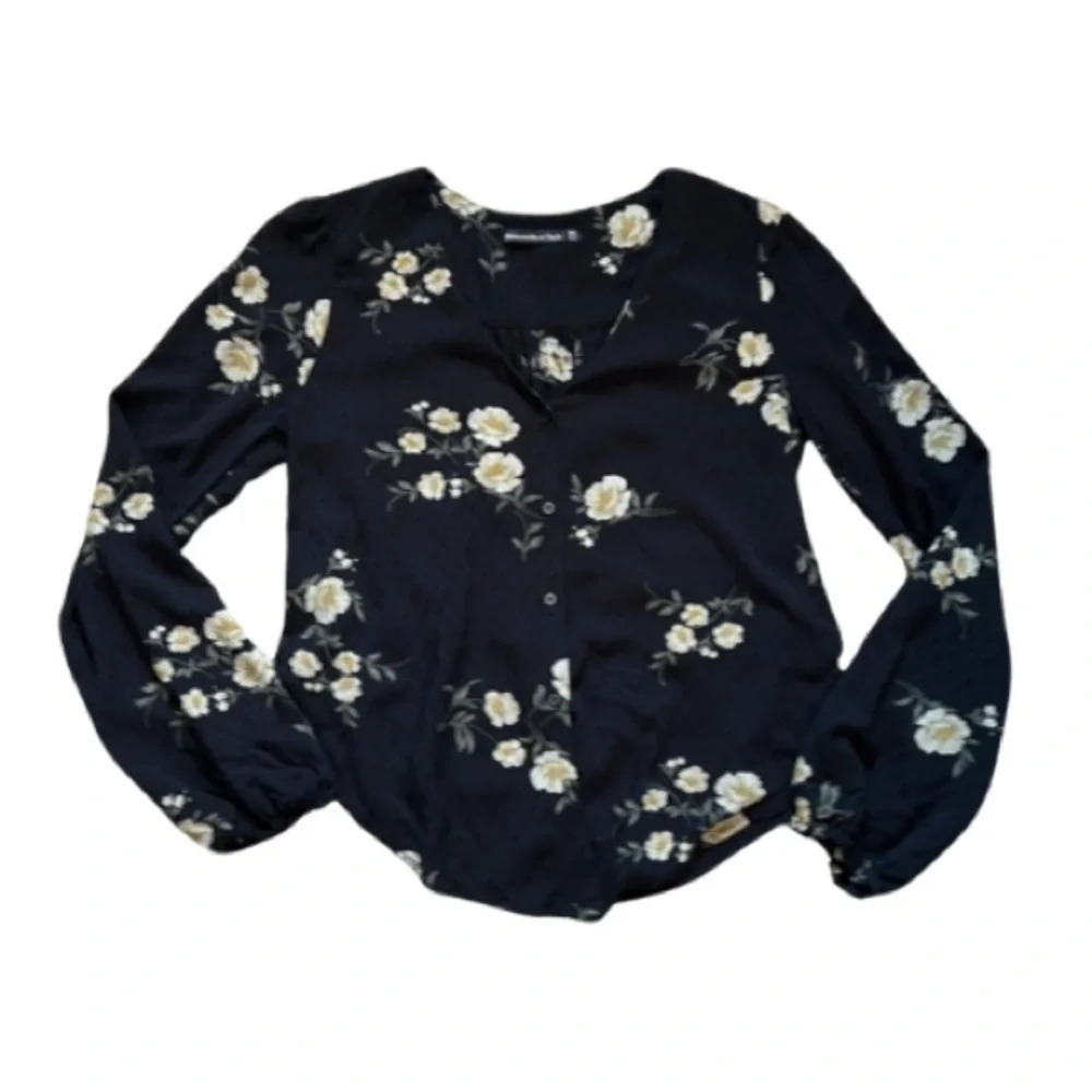 A&F Upscale Causal Preppy Light Weight Navy,‎ Floral Long Sleeve Blouse SzXS